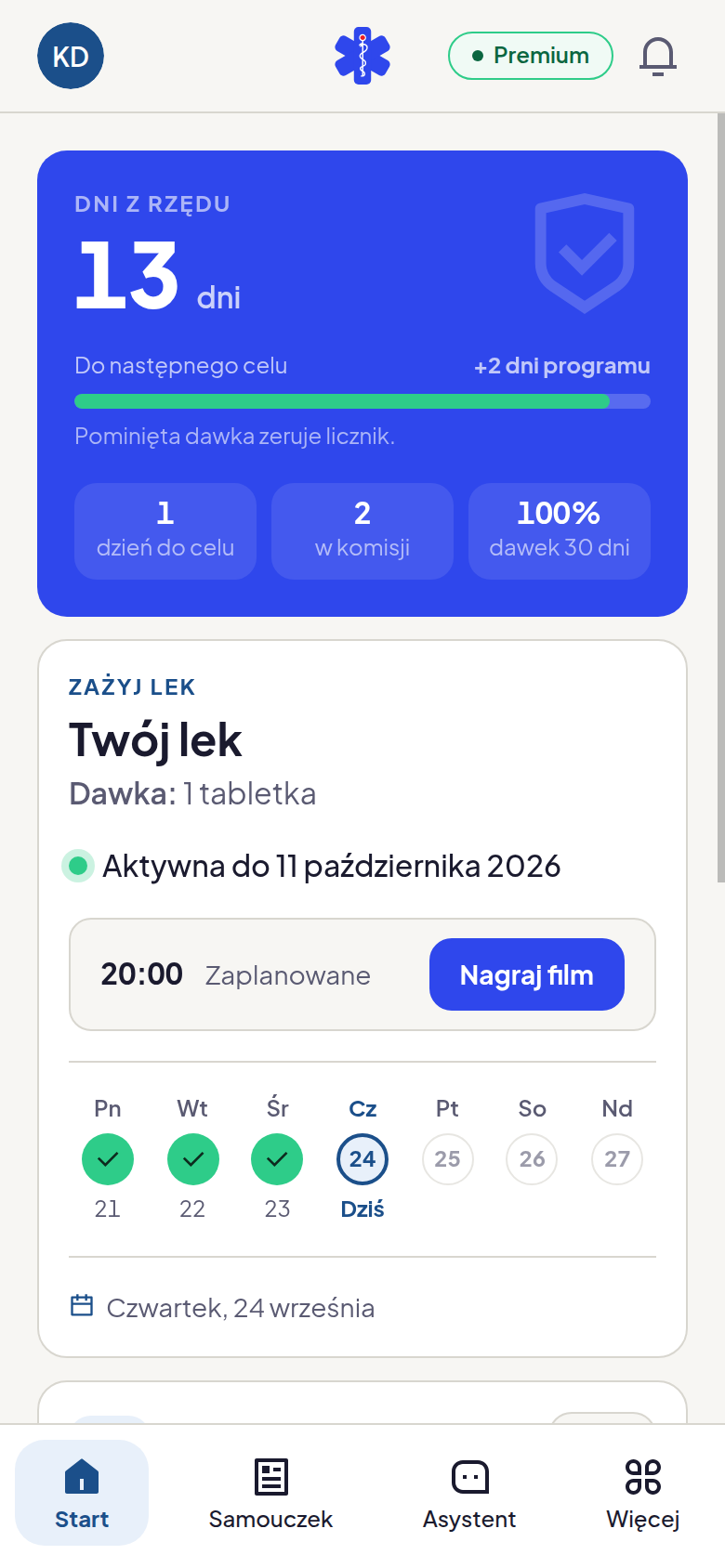 Plan przyjmowania leku w Wirtualnej Wszywce z godziną dawki, przyciskiem Nagraj film i historią z danego tygodnia. Dane demonstracyjne.