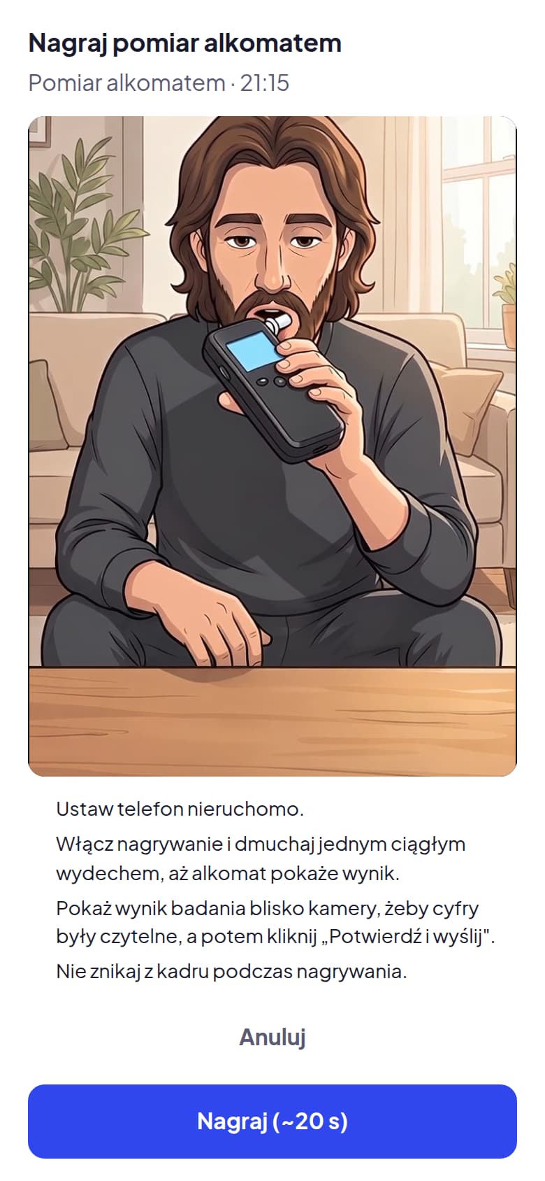 Podgląd nagrywania pomiaru alkomatem w aplikacji