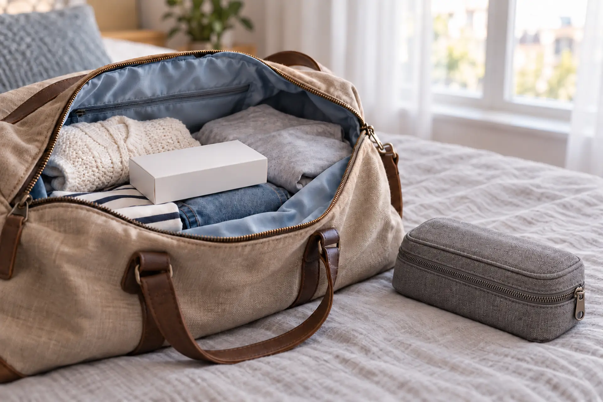Otwarta płócienna torba podróżna na łóżku, w środku złożone ubrania i białe pudełko, obok szare etui zapinane na suwak