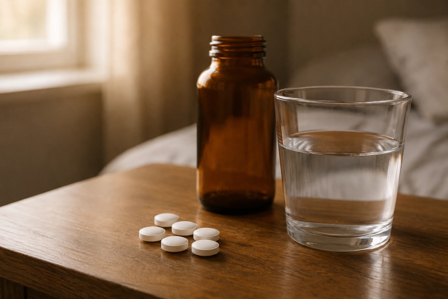 Uzależnienie od leków przeciwbólowych - opioidowe tabletki, butelka i szklanka wody