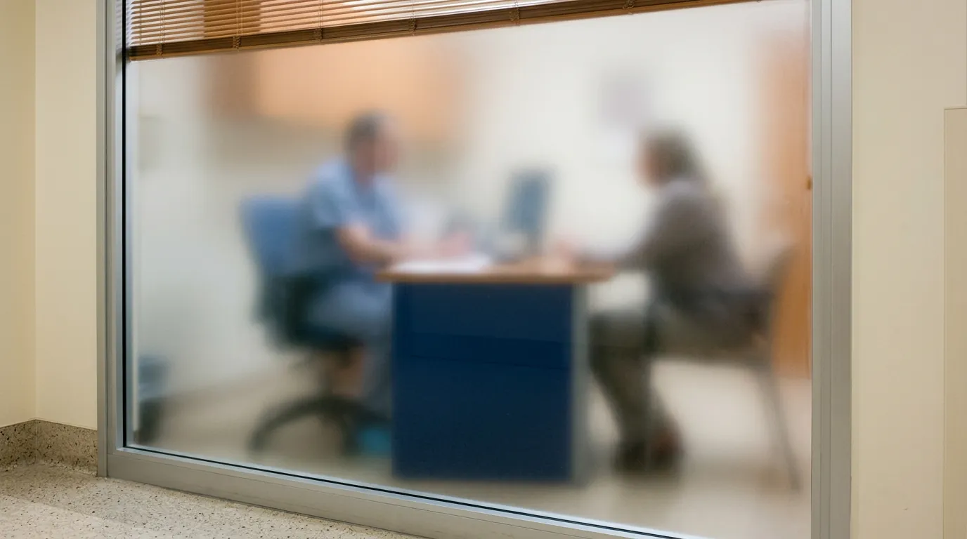 Gabinet leczenia uzależnień Nasz Gabinet Wrocław przy ul. Dworcowej 11b - widok pomieszczenia konsultacyjnego, lekarz w trakcie rozmowy z pacjentem przy biurku, dyskretne i komfortowe wnętrze placówki przygotowanej do leczenia uzależnienia od alkoholu