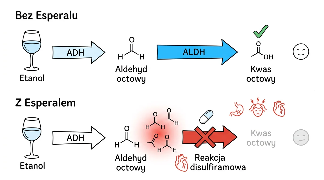 Schemat metabolizmu alkoholu - porównanie prawidłowej ścieżki przemiany etanolu w kwas octowy z sytuacją po wszywce Esperal, gdzie Disulfiram blokuje enzym ALDH i powoduje gromadzenie toksycznego aldehydu octowego