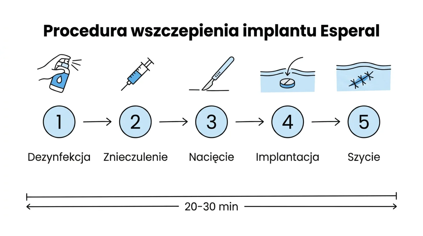 Procedura wszycia implantu Esperal w 5 krokach - dezynfekcja, znieczulenie miejscowe, nacięcie 1 cm, implantacja tabletki Disulfiramu pod powięź mięśnia, zszycie i opatrunek. Cały zabieg trwa 20-30 minut