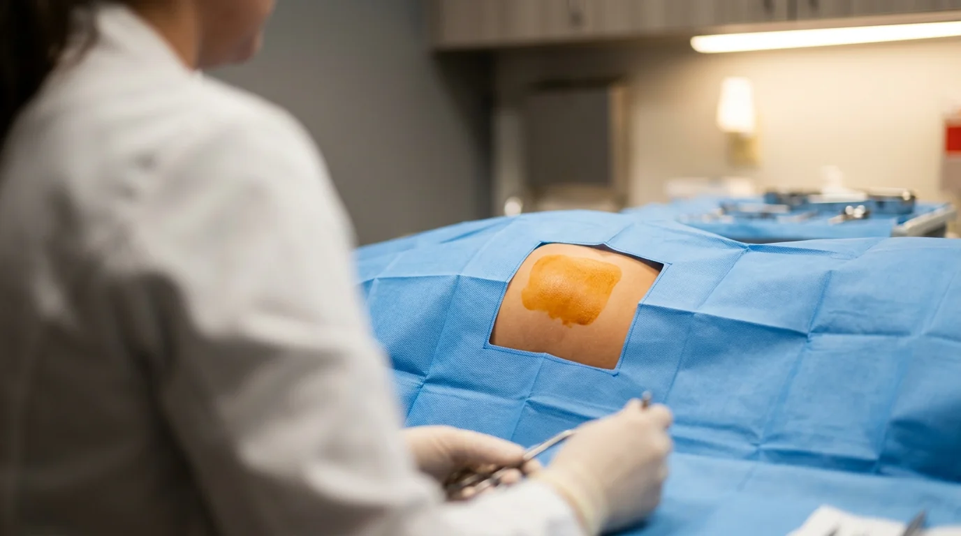 Zabieg wszycia wszywki alkoholowej Esperal w Nasz Gabinet - przygotowane sterylne pole zabiegowe z niebieską serwetą chirurgiczną i zdezynfekowaną Betadiną skórą, moment przed nacięciem